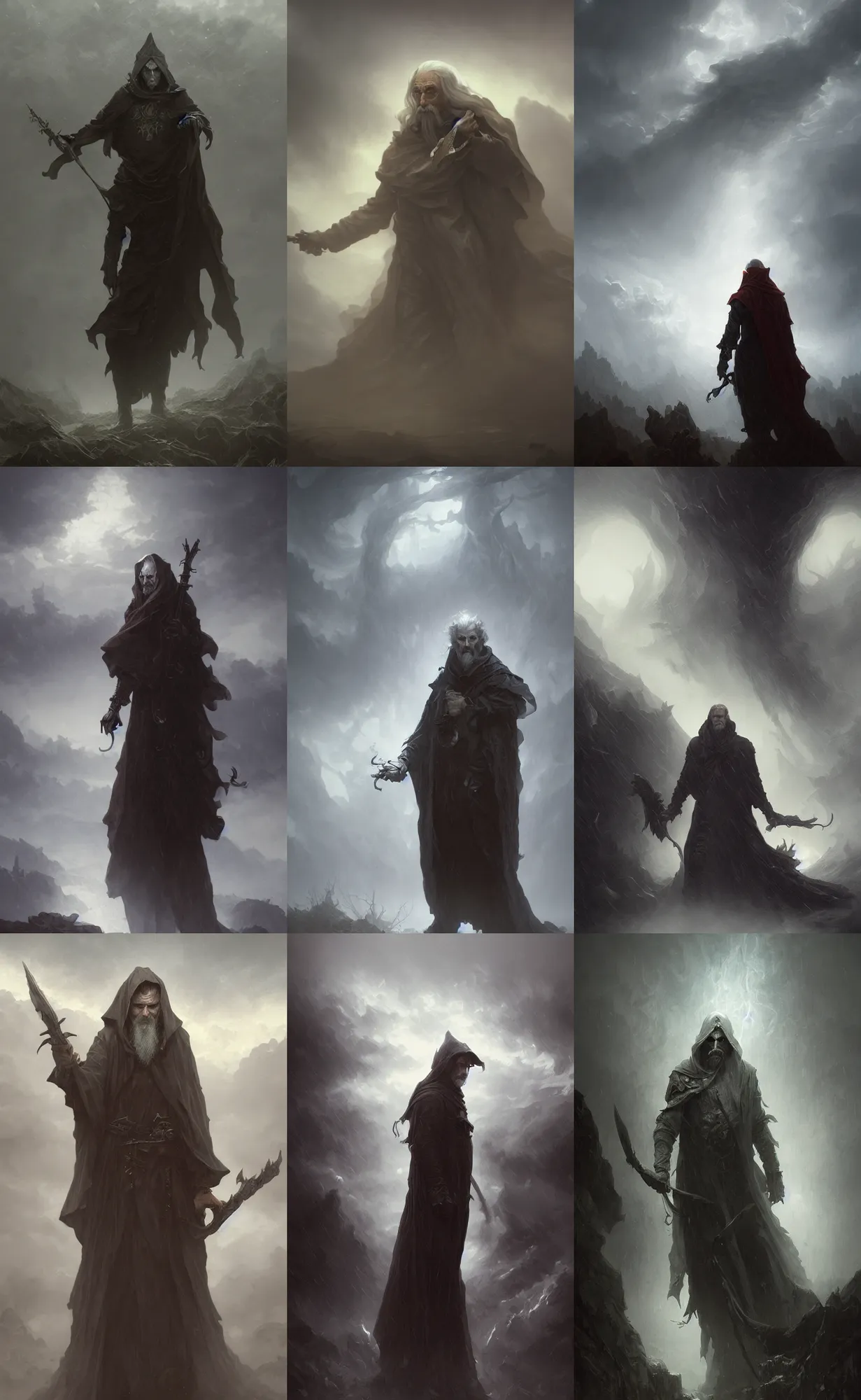 Prompt: old male warlock, ghost, dark fantasy, fog, clouds, rain, wind, intricate, highly detailed, artstation, illustration, jurgens, rutkowski, bouguereau