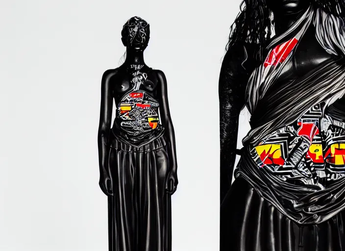 Image similar to black marble statue of a beautiful woman with colorful motocross logos in the style of virgil abloh, very very beautiful, detailed, off white, heron preston, 8 k, 4 k, detailed, beautiful, symmetrical, vogue, editorial, fashion, magazine, model