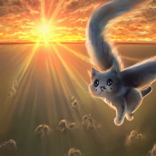 Prompt: a photograph of cute cat with wings flying towards the sunset, highly detailed, symmetric, artstation, precise, photorealistic, impressionism style