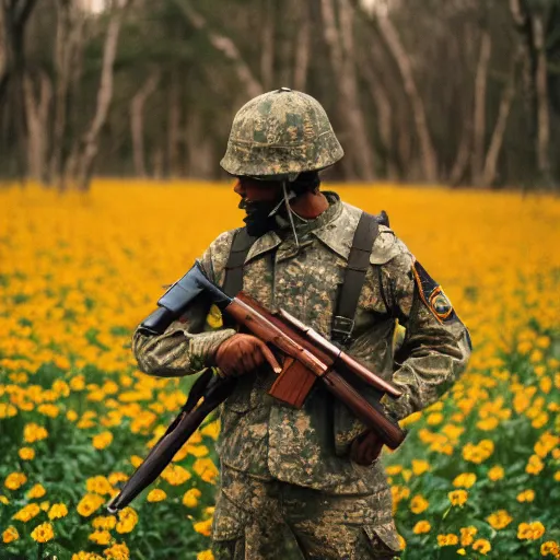 Image similar to close up kodak portra 4 0 0 photograph of a soldier in a flower crowd with ak - 4 7 in which the flowers after the battle standing in dark forest, flower crown, moody lighting, telephoto, blurry background, faded