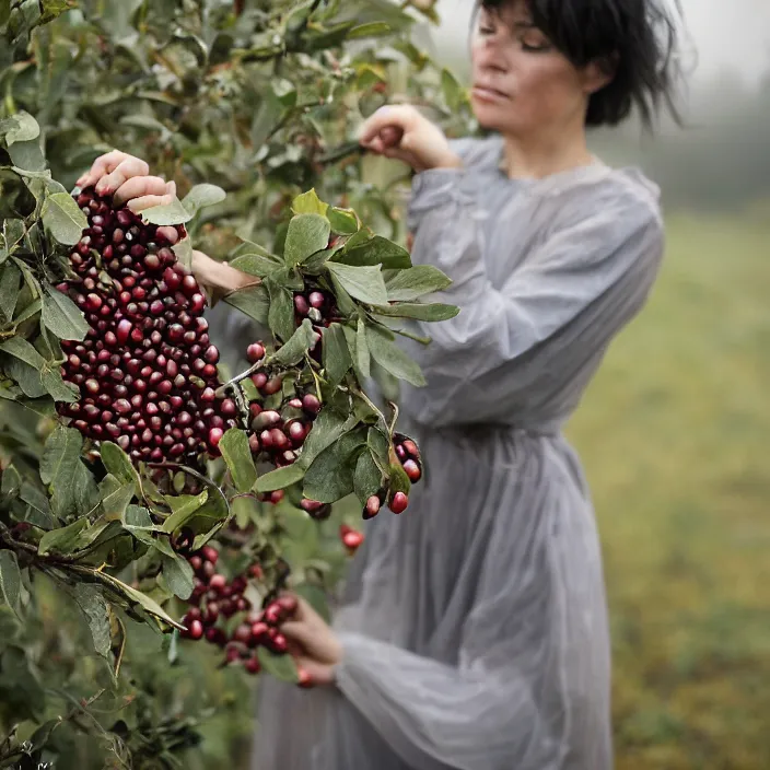 Prompt: a closeup portrait of a woman wearing twisted knotted iridescent ribbon, picking pomegranates from a tree in an orchard, foggy, moody, photograph, by vincent desiderio, canon eos c 3 0 0, ƒ 1. 8, 3 5 mm, 8 k, medium - format print