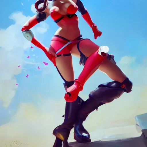 Image similar to pinup overwatch tracer in a futuristic red bikini thong, artwork by sergey kolesov, medium shot, asymmetrical, organic painting, sunny day, matte painting, bold shapes, hard edges, street art, trending on artstation, by huang guangjian and gil elvgren and sachin teng