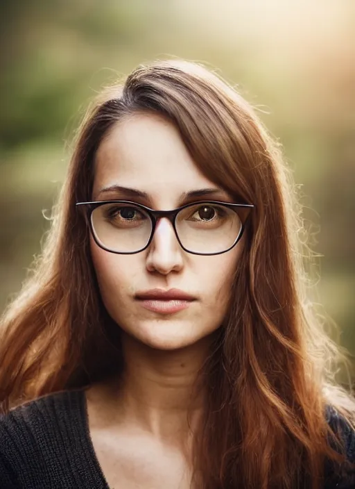 Prompt: portrait of a 2 5 year old woman, symmetrical face, dark wavey hair, friendly glasses, she has the beautiful calm face of her mother, slightly smiling, ambient light in nature