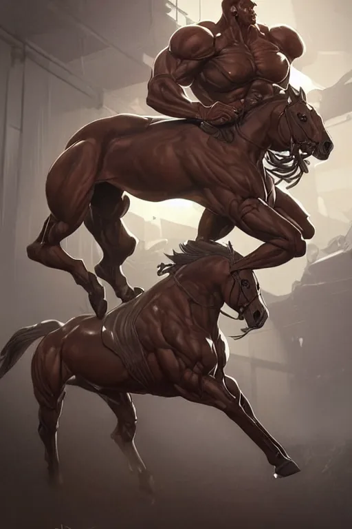 Prompt: splash art of an exaggeratedly muscular anthropomorphic horse at a research facility wearing a power - restricting suit, leather suit, clothing, highly detailed, digital painting, artstation, concept art, sharp smooth focus, illustration, art by artgerm and greg rutkowski and alphonse mucha