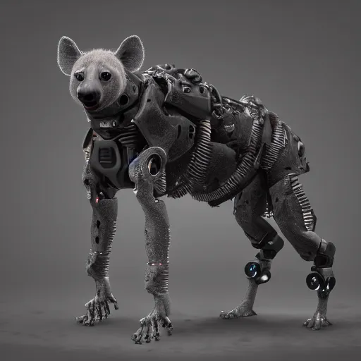 Image similar to pet robot hyena, cyborg with exposed wires and metal, lights, camera lenses for eyes, realistic high quality concept art