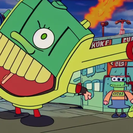 Prompt: plankton piloting a giant robot destroying the krusty krab, spongebob, 4 k,