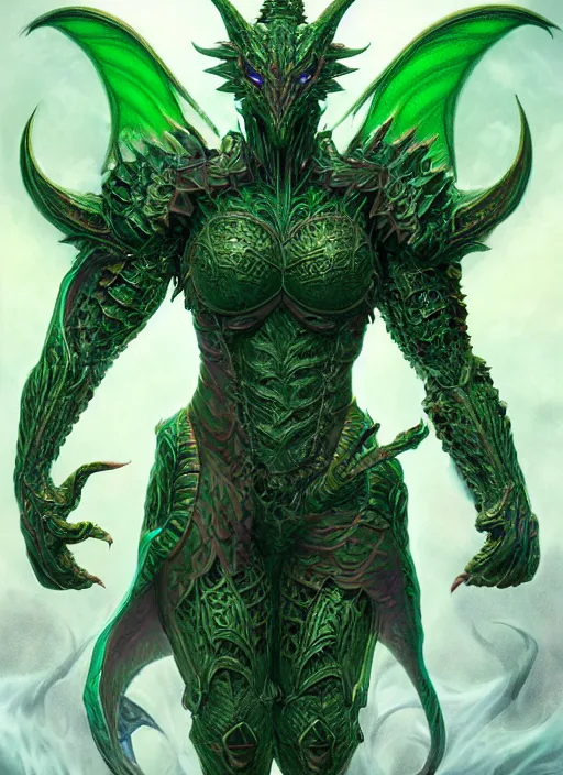 Image similar to muscular and tall green ghostly fire humanoid dragon!!!! draconian!! intricate ornate iridescent heavy armor!! character concept art, sharp focus, octane render! unreal engine 5! highly rendered!! trending on artstation!! detailed linework!! illustration by artgerm, wlop, and chie yoshii