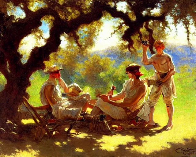 Prompt: painter painting underneath oak tree, painting by gaston bussiere, craig mullins, j. c. leyendecker