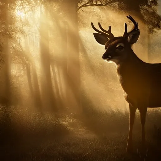 Prompt: a cinematic faded shadow of a majestic but small deer standing outside a very large industrial building with small windows, golden light, thick mist, backlit, insane details, hyperrealistic photo by jimmy nelson, trending on artstation