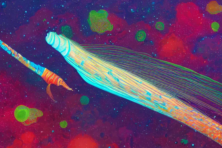 Prompt: gaseous trumpetfish,art by Alan M. Clark,trending on artstation, psychedelic lighting camera view from above,Interstellar ,fantasy artist,Dreamworks ,tonalism ,macro,