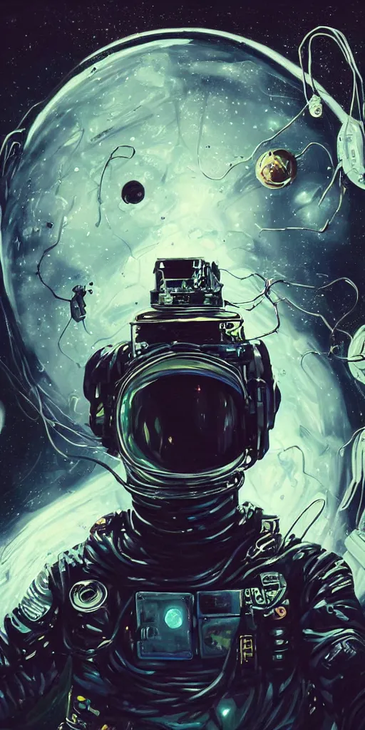 Image similar to eldritch astronaut with dark tendrils in deep space, retrofuturism, atompunk, dynamic composition, dramatic lighting, hyperrealistic, ultra detailed, nitro colors