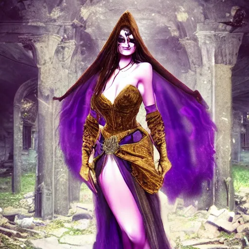 Image similar to Beautiful and cunning witch with long dark hair walking within a decayed medieval temple. She wears a purple dress adorned in jewelry flashing gold, trending on artstation, dark fantasy