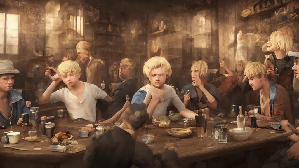 Prompt: A young blonde boy thief in a tavern surrounded by friends, octane render, high detail, photorealistic, High details,4k