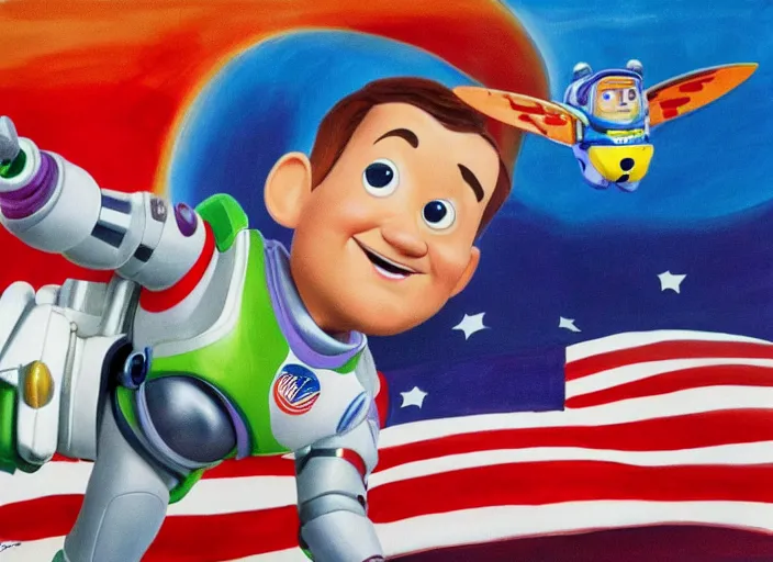 Prompt: painting of tim allen in a nasa space suit with a buzz lightyear doll in his hand in front of an american flag