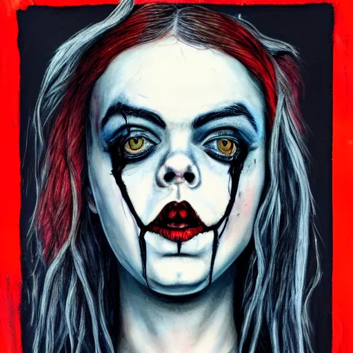 Prompt: grunge painting of billie eilish with her face split down the middle with a wide smile and a red balloon by chris leib, loony toons style, pennywise style, corpse bride style, horror theme, detailed, elegant, intricate