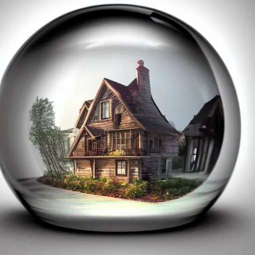 Image similar to mini house inside a crystal ball, octane render hyperdetailed,