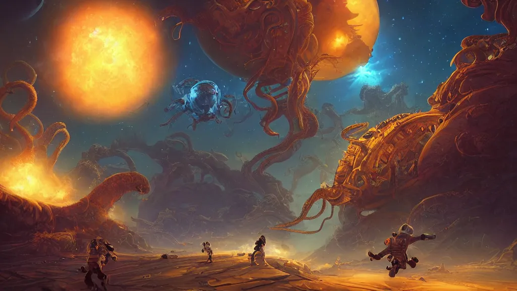 Prompt: Astronauts have a treasure with them, they are running away from the giant Cthulhu that is behind hunting him, they are running over the ring of the gas planet, this is an extravagant planet with wacky wildlife and some mythical animals, the background is full of nebulas and planets, the ambient is vivid and colorful with a terrifying atmosphere, by Jordan Grimmer digital art, trending on Artstation,