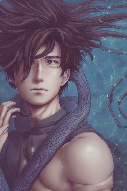 Image similar to portrait of an anime manga guy with hair order snakes, straight on, by artgerm, james jean, tom bagshaw, gerald brom, vaporwave colors, lofi colors, vaporwave, lofi, goth vibe, 4 k, smooth, hd, substance designer render, full body character concept art, symmetrical, 2 point lighting,