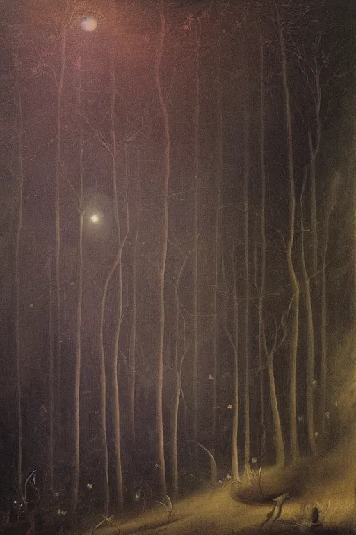 Image similar to moody painting of purple morning glory flowers vining and growing in a forest dimly lit at night. foggy volumetric darkness, muted colour palette oil painting on canvas henry fuseli