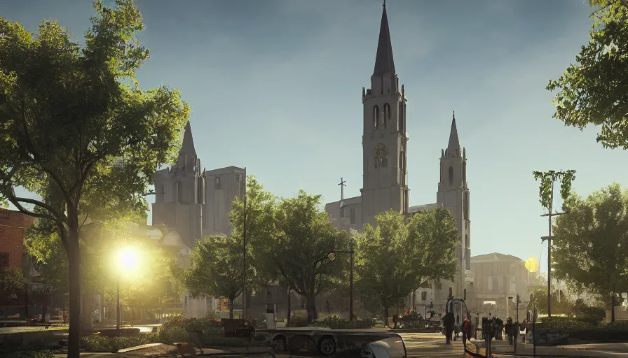 Prompt: midwest city with church, square, trees, sunny day, volumetric light, people on streets, hyperdetailed, artstation, cgsociety, 8 k