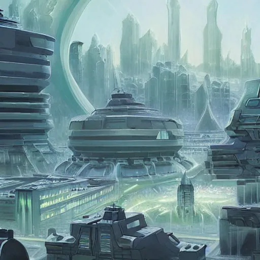 Prompt: incredible sci-fi colony by Robert Tinney