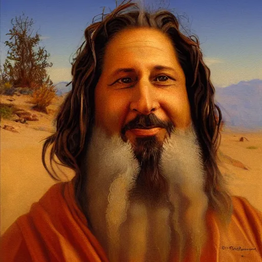 Prompt: Richard Stallman in the desert, in the style of Christ in the Wilderness by Ivan Kramskoi, painting, trending on arstation
