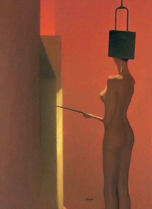 Image similar to woman in paper bag over the head and a sward Edward Hopper and James Gilleard, Zdzislaw Beksinski, highly detailed