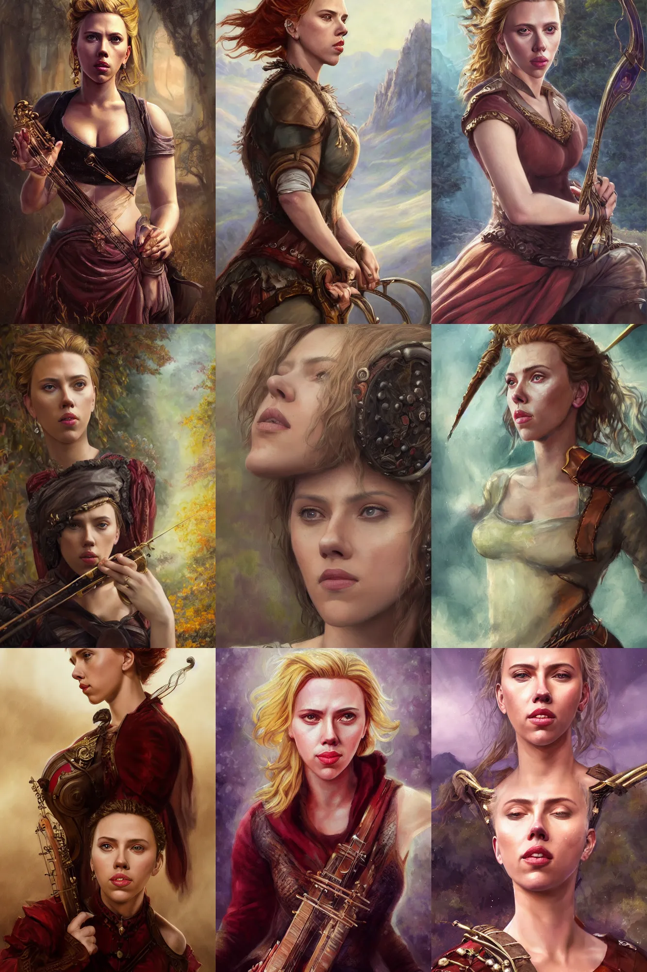 Image similar to a full body high detail fantasy portrait oil painting illustration of scarlett johansson as a beautiful sophisticated bard woman by justin sweet with face and body clearly visible, in a scenic background, pupils visible, realistic proportions, d & d, rpg, forgotten realms, artstation trending, high quality, sombre mood, artstation trending, muted colours, entire person visible!