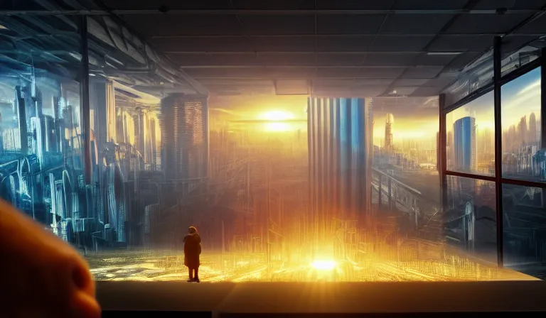 Image similar to large group of people in simple warehouse, looking at hologram of futuristic city on a table, cinematic concept art, godrays, golden hour, natural sunlight, 4 k, clear details, tabletop model buildings, center model buildings, hologram center, crane shot, crane shot, crane shot