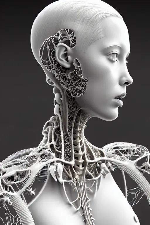 Image similar to bw 3 d render, stunning beautiful young biomechanical albino female cyborg with a porcelain profile face, angelic, rim light, big leaves and stems, roots, fine foliage lace, alexander mcqueen, art nouveau fashion embroidered, steampunk, silver filigree details, hexagonal mesh wire, mandelbrot fractal, elegant, artstation trending