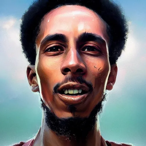 Image similar to closeup portrait of a young bob marley, serene light, gorgeous view, depth, high detail, digital art, painted by greg rutkowski and seb mckinnon, by tim burton, trending on artstation