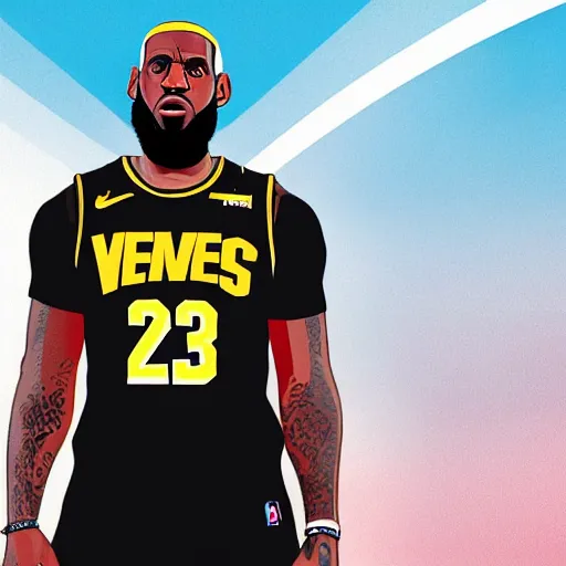 Image similar to happy lebron james wearing a plain tshirt, gta v cover art, art by stephen bliss, matte painting