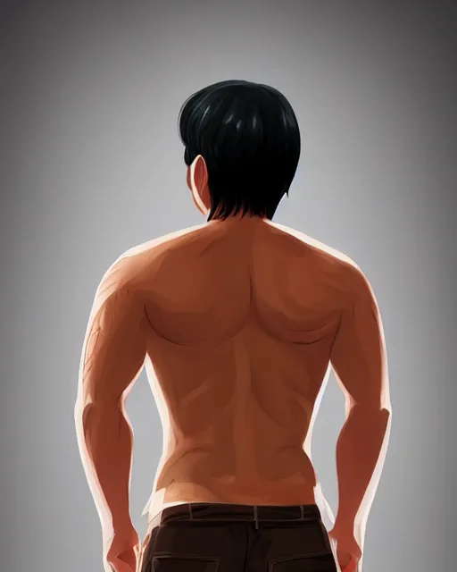 Prompt: Young male Asian protagonist wearing a sleeveless shirt and a big pregnant belly arching his back, artstation, concept art