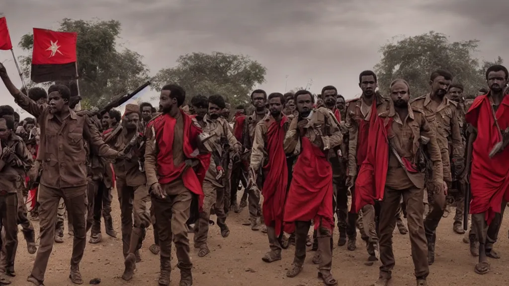 Prompt: Red Terror or Key Shibir in Ethiopia, counter-revolutionaries, moody, dark, movie scene, hd, 4k, wide shot