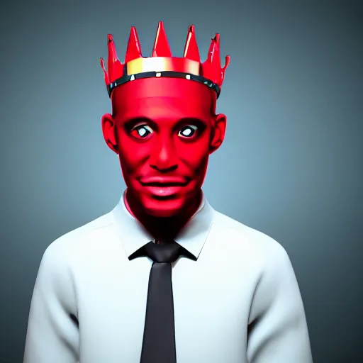 Image similar to man with a crown, smirk, photograph, black backgrounds, glowing red eyes, low poly