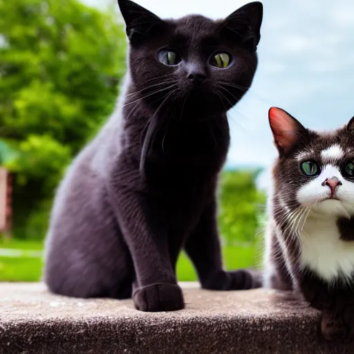 Image similar to an adorable ominous cat sitting in the yard of a home that is blazing on fire in the background behind the cat, cinematic, DSLR, evening