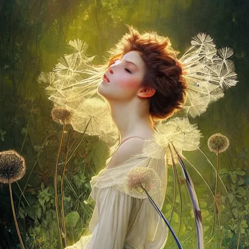 Prompt: a beautiful fairytale painting of a cute dandelion seed fairy, a fairy made out of a dandelion seed. the dandelion seed is her body. dreamy beautiful painting by artgerm and greg rutkowski and alphonse mucha