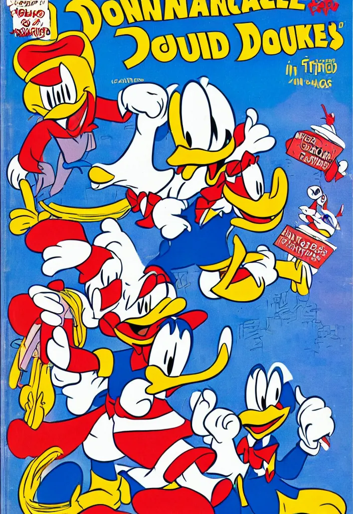 Prompt: donald duck's trip to vegas, comic book cover by carl barks