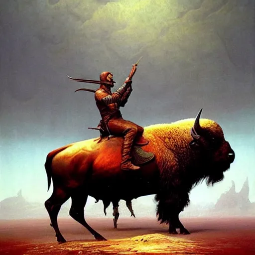 Image similar to Josh Allen on a bison, dark fantasy, Warhammer, artstation painted by Zdzisław Beksiński and Wayne Barlowe