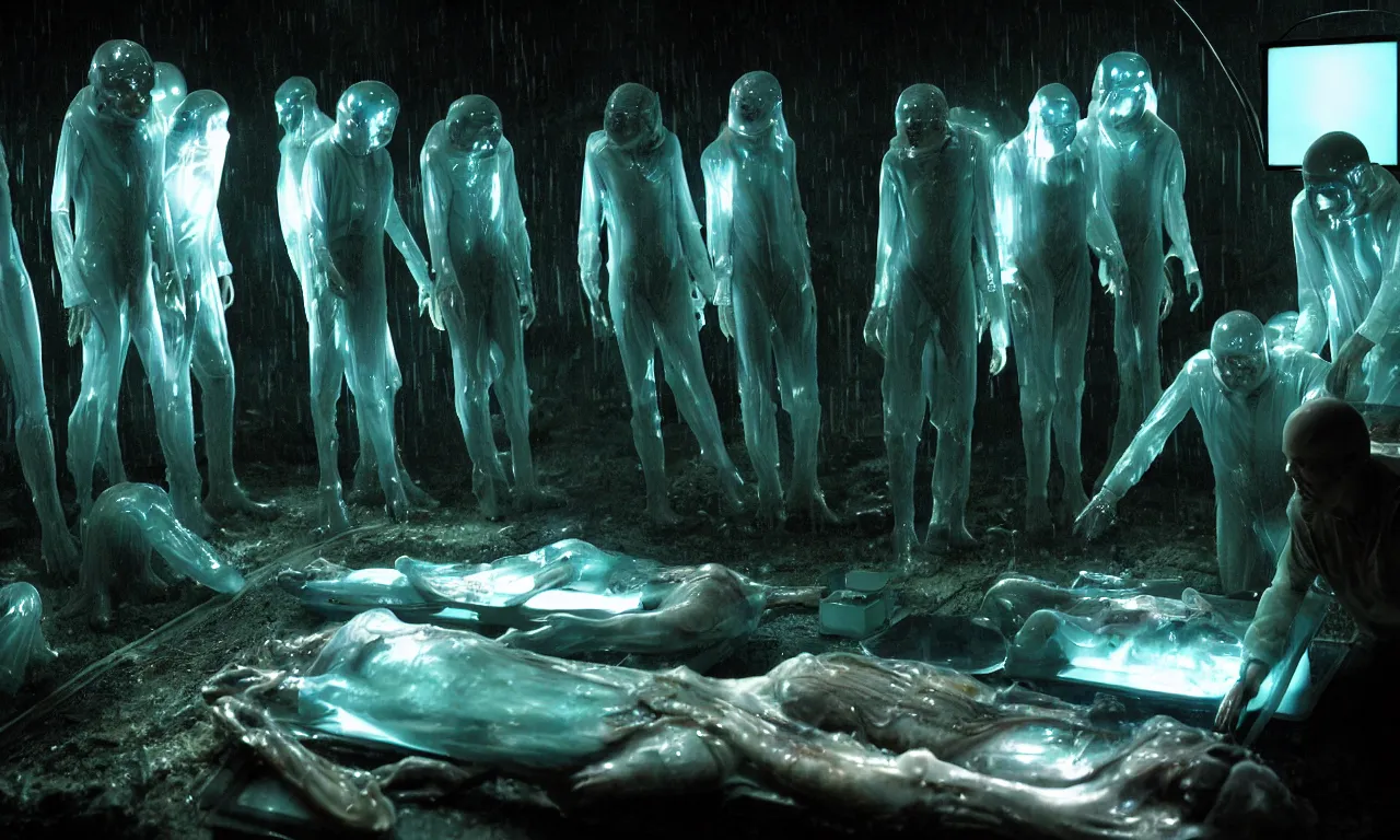 Prompt: wet translucent gills aliens doing human autopsy in dark alien spaceship laboratory, with electric arc devices, lightnings, dramatic shadows cast on dirty ground, showcases full of embryos, soft smoke, volumetric lighting, subsurface scattering, dramatic lighting, high detail, from new scifi by digital domain and weta digital, strong ambient occlusion, matrix movie color grading