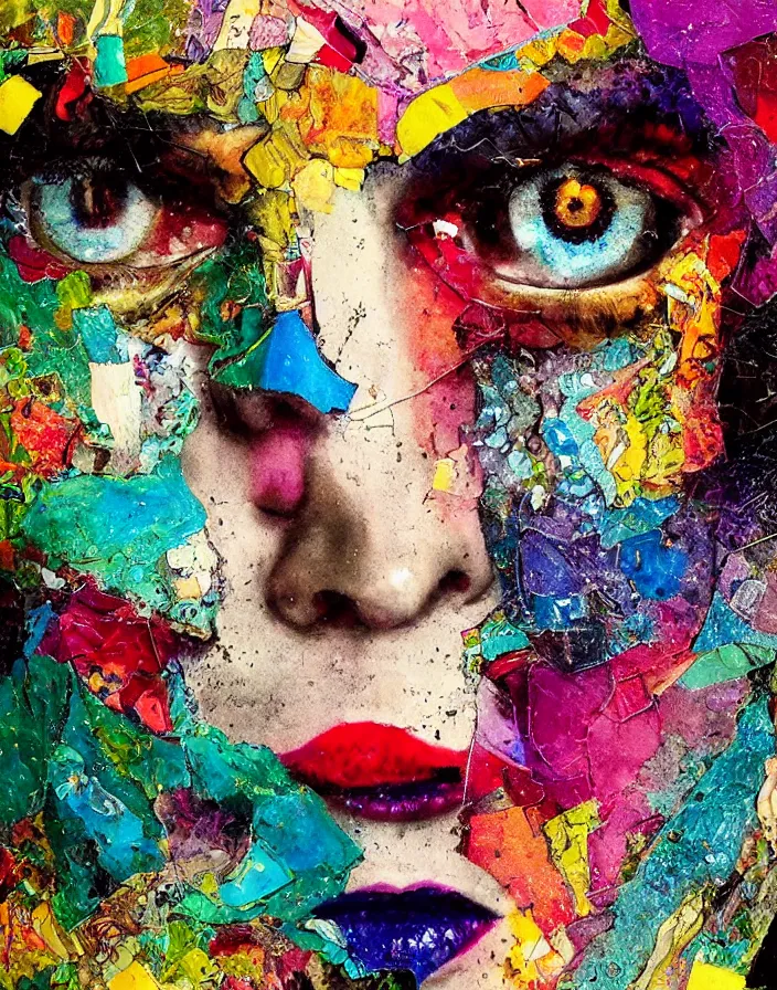 Prompt: let your eyes always shine with all the vivid colors detailed analogue mixed media collage with canvas texture in style of contemporary art, punk art, hyperrealistic beautiful face, photorealistic, expressionism, masterpiece, perfect composition, spectacular quality, intricate oil details, vivid broken glass, torn paper