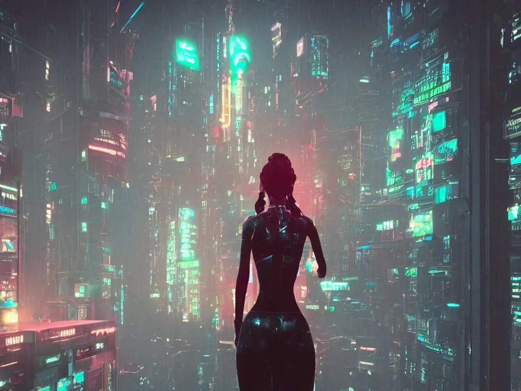 Prompt: Cyborg mechanical girl looking out a window of a skycraper at a cyberpunk city, neon lights raining, raytracing unity engine