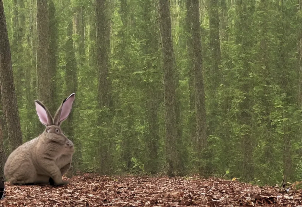 Prompt: a photo of big chungus sighting in a forest, a still from security footage, high definition