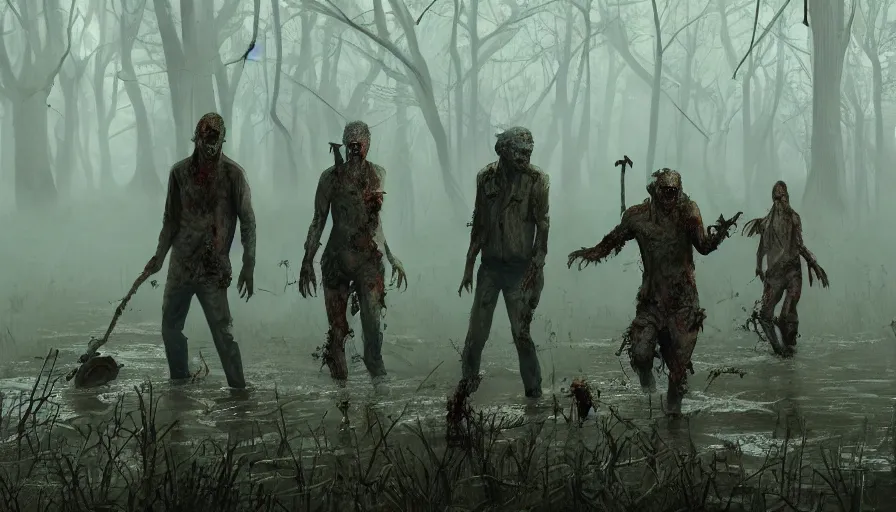 Prompt: Zombies coming out of the swamp, big fog, hyperdetailed, artstation, cgsociety, 8k