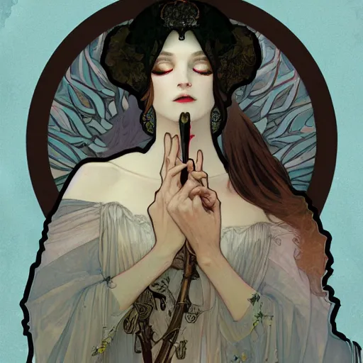 Image similar to An illustration with the theme of death by mucha and wlop