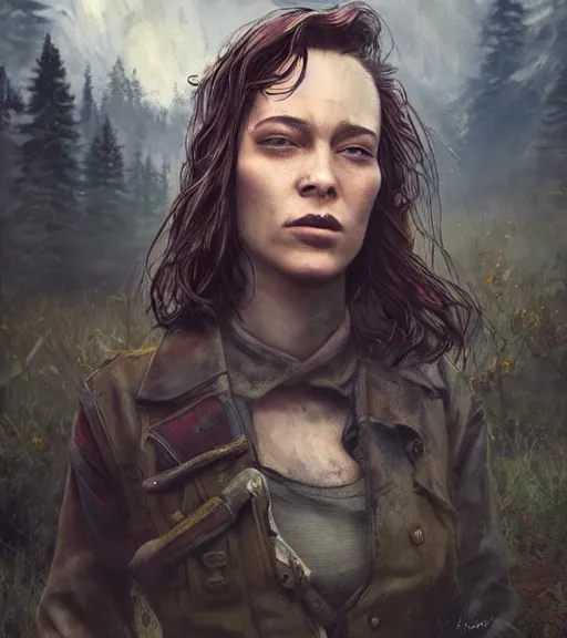 Image similar to fallout 5, charismatic beautiful armoured rugged brunette female protagonist, portrait, outdoors alaskan wilderness, atmospheric lighting, painted, intricate, volumetric lighting, beautiful, daytime, sunny weather, few clouds, sharp focus, deep colours, ultra detailed, art by leesha hannigan, ross tran, thierry doizon, kai carpenter, ignacio fernandez rios