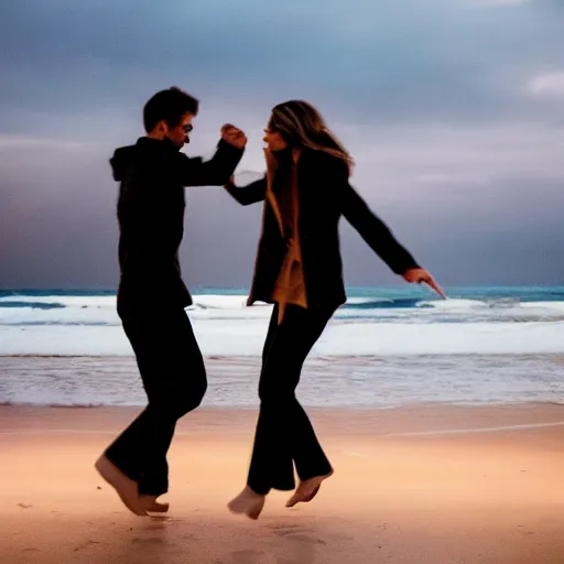 Prompt: zoom in photo of a man and woman, both wearing light brown trenchcoats, dancing together on a beach during cloudy weather, it ’ s night time