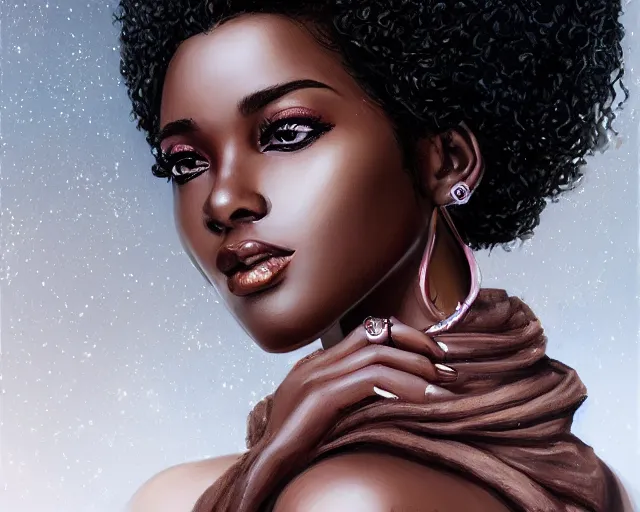 Image similar to A tall black skinned woman wearing a scarf with large lips and smooth eyebrows and curly hair, complimentary eyeliner, light blush and metallic eyeshadow, HD, illustration, epic, fantasy, intricate, elegant, amazing detail, digital painting, artstation, concept art, smooth, sharp focus, illustration, art by Turine Tran