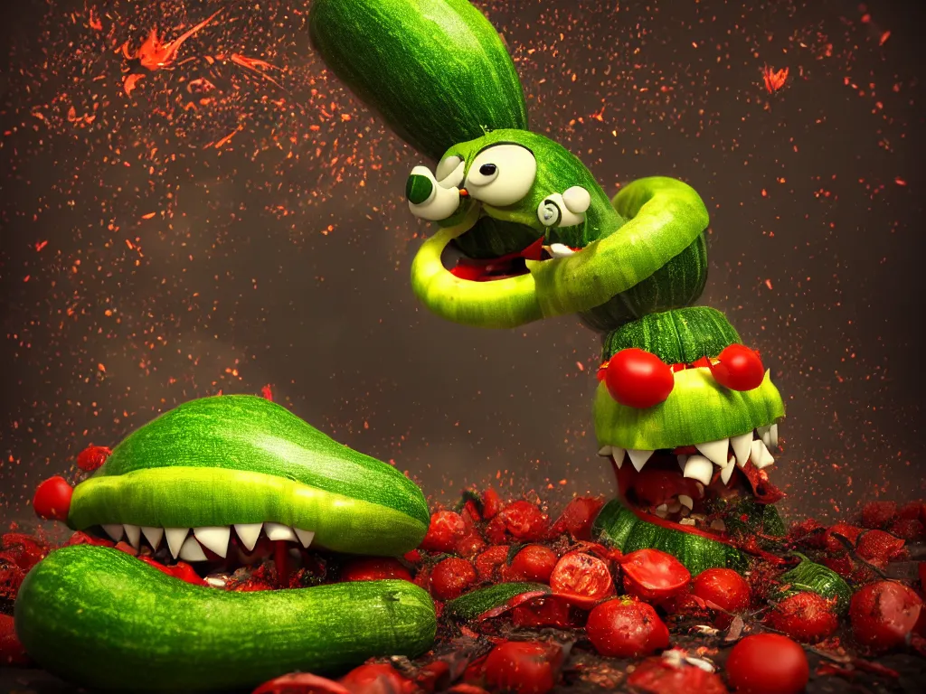 Image similar to highly detailed 3 d render of a raging mad angry zucchini character, burning scissors flying, dirt road, scared tomates scattered everywhere, high speed action, explosions, dramatic scene, hyper realistic octane render, cinematic lighting, tomato splatter, deviantart, black sky, lowbrow, surrealism, pixar influenced, mayhem