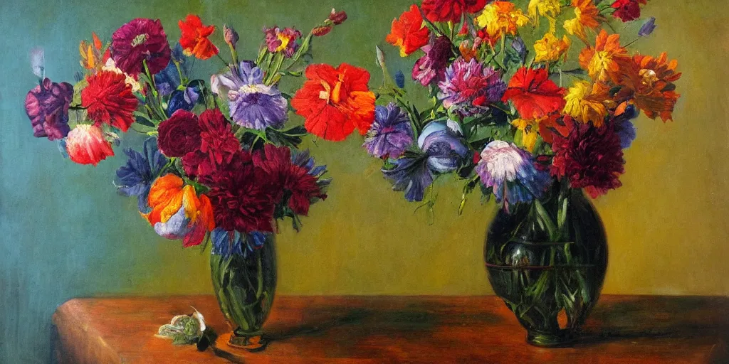 Prompt: i dream of a vase flowers, modern, studio, oil paint, dutch master piece